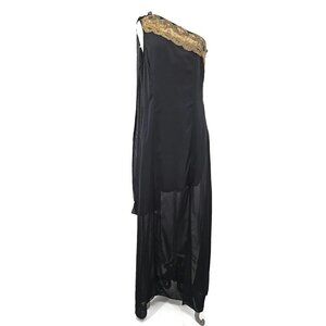 New Jean Louis Scherrer Dress Womens Medium One Shoulder Sash Black Bronze Beads